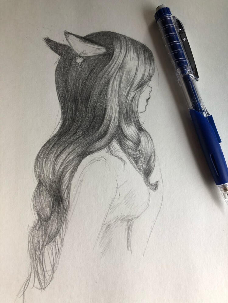 Pencil illustration of a miqote woman from FFXIV